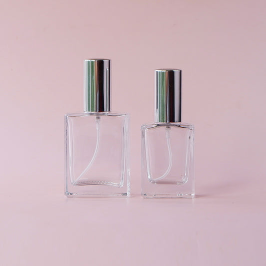 Perfume Glass Bottle - Flat Tall Silver Lid